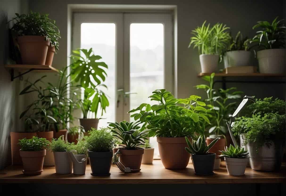 Lush green indoor plants arranged on shelves, with a watering can and pruning shears nearby. A book titled "Advanced Topics in Indoor Plant Care" sits open on a table