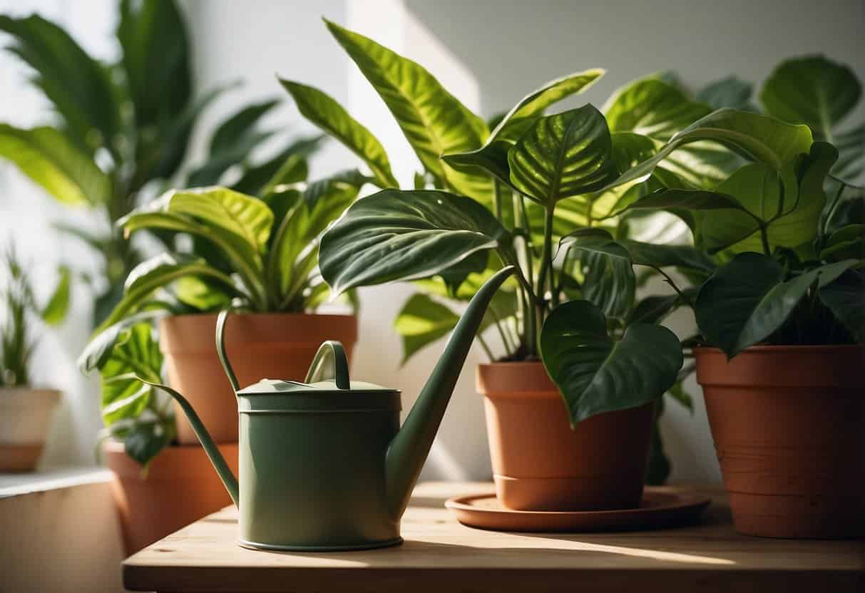 Lush green houseplants thrive in a sunlit room, their vibrant leaves adding life to the space. A watering can sits nearby, ready to provide nourishment, while a gentle breeze rustles the foliage, bringing a sense of tranquility and well