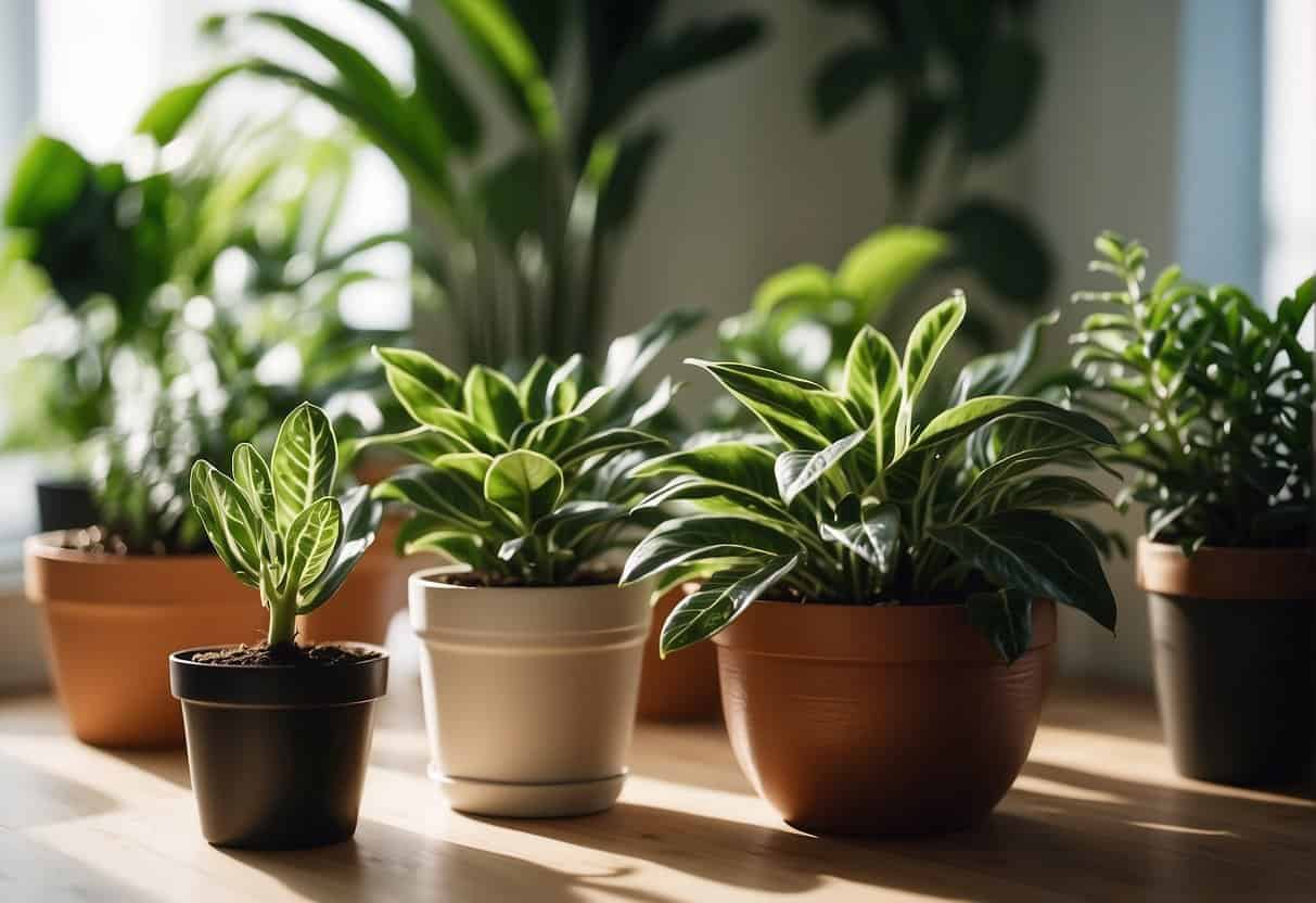 Lush green houseplants thrive in a sunlit room, purifying the air and creating a calming, natural oasis