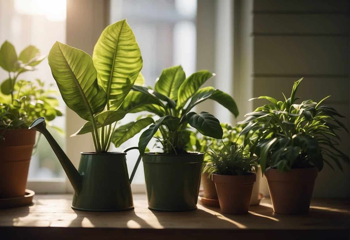 Lush green houseplants fill a sunlit room, their leaves reaching towards the light. A watering can sits nearby, surrounded by books on plant care