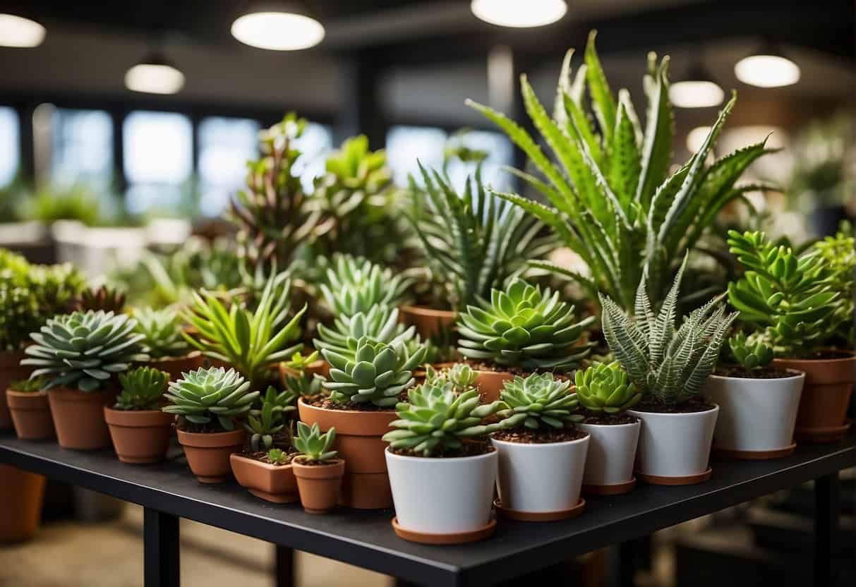 A variety of houseplants arranged on shelves, from low-maintenance succulents to high-maintenance ferns, with labels indicating care requirements