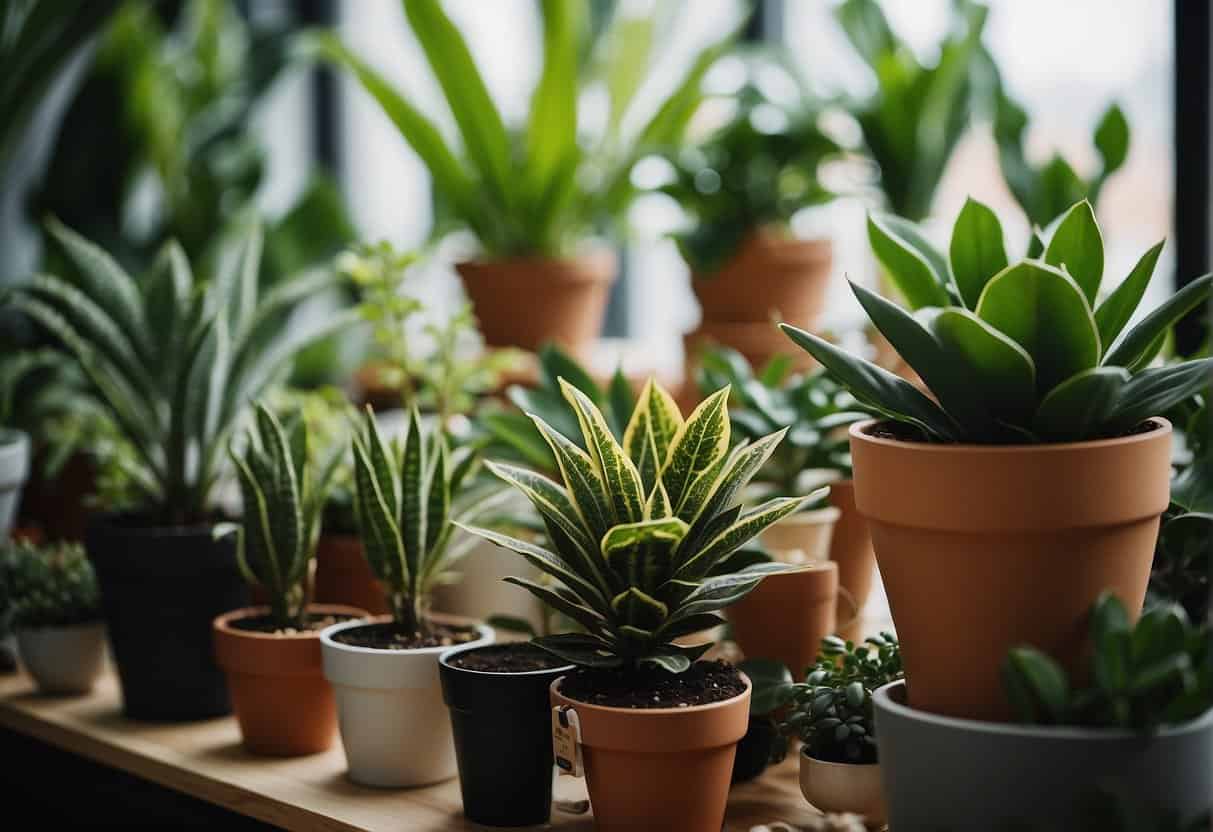 A variety of houseplants arranged in a cohesive indoor garden, ranging from low-maintenance to high-maintenance, displayed in different pots and planters
