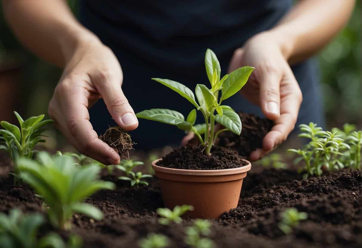 A hand holding a small potted plant, gently removing a leaf cutting and transplanting it into a new pot filled with soil